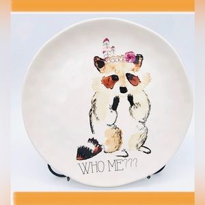 Pier 1 Imports Set of 2 Feisty Animal Plates  8.5" Owl , Rhinocero & Raccoon(030